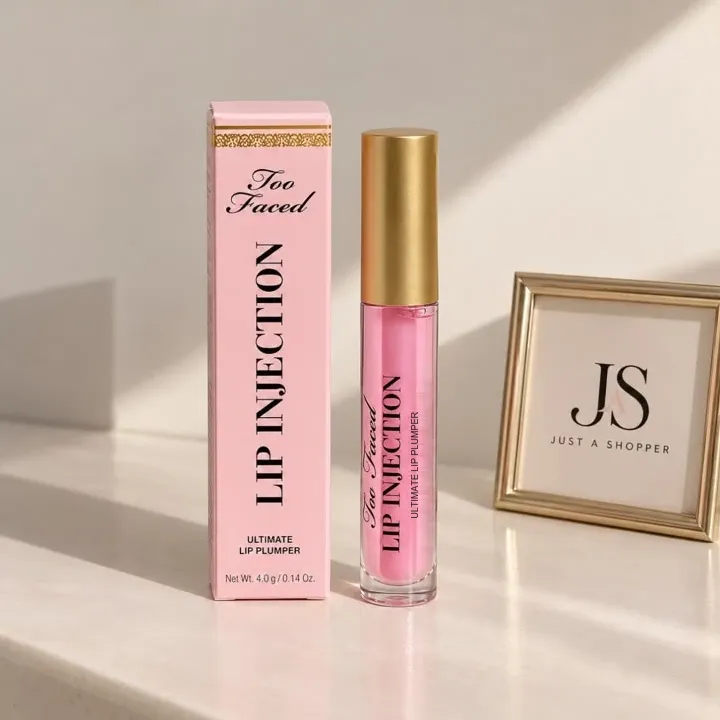 Too Faced Lip Injection grande: caja rosa y gloss voluminizador con tapa dorada