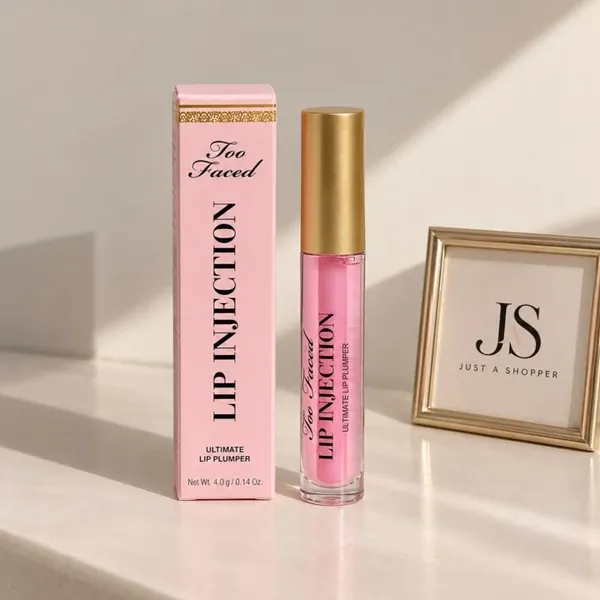 Too Faced Lip Injection grande: caja rosa y gloss voluminizador con tapa dorada