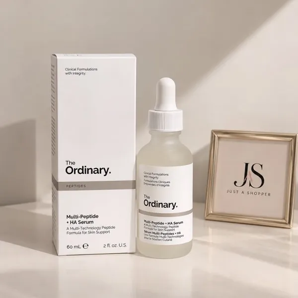 The Ordinary Sérum Multi-Péptido + Ácido Hialurónico: caja blanca y frasco con gotero