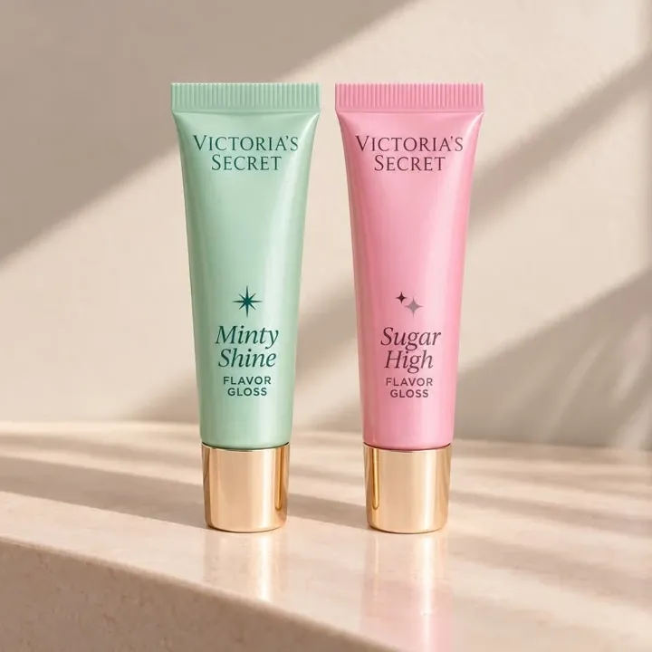 Victoria's Secret Gloss: dos brillos labiales, uno verde menta (Minty Shine) y otro rosa (Sugar High)